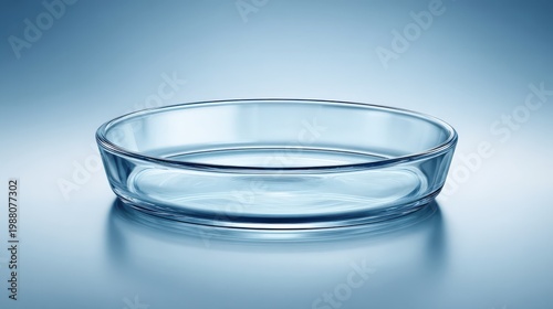 Clear glass dish on smooth surface with soft blue background