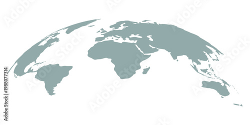 Curved world map silhouette design showing half blue Earth globe with continents including Africa, Asia, America, Europe and Australia, global business and travel themed vector infographic for 