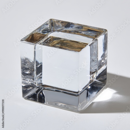 Clear glass cube with water reflection and highlights on smooth surface