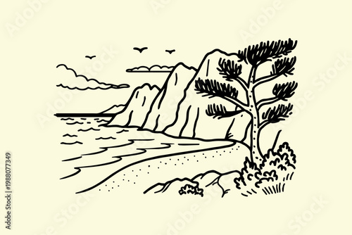 Stylized drawing of a rocky coastline with waves a tree and birds pine tree line art coastline landscape illustration artistic stylized islandscape maritime vacation serenity