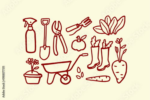 Doodle style garden tools and plants illustration with spray bottle flower pot hand drawn gardening wheelbarrow illustration collection vegetable planting agriculture seasonal