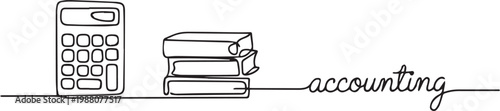 Line drawing of calculator and stack of books with accounting text