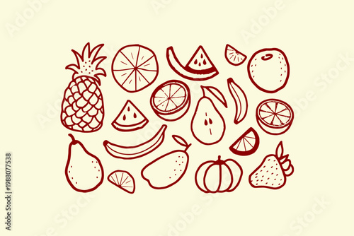 Assortment of doodle style fruits illustration with hand drawn illustration pineapple strawberry watermelon tropical collection vitamins refreshment botanical wholesome