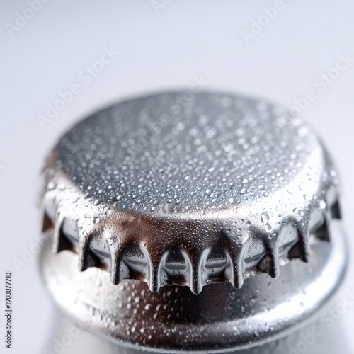 Close up of a metal bottle cap with water droplets for beverage imagery