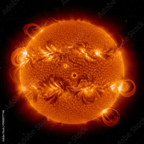 A vibrant and detailed view of the sun showing intense solar activity and bright plasma loops