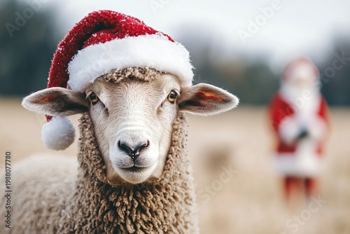 Charming Christmas on the Farm Joyful Sheep in Santa Hats Celebrating Winter Holidays Together