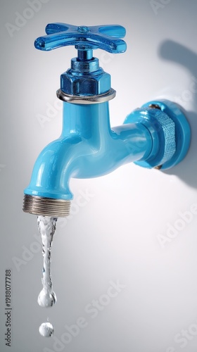 Blue water faucet with flowing water in clean light setting