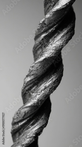 Close up of a twisted metal drill bit with textured surface