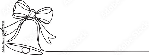 Continuous Line Art Christmas Bells with Bow, Minimal Holiday Decoration Illustration, One Line Drawing Vector