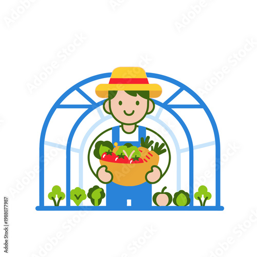 Happy Farmer in Greenhouse Holding Basket Full of Fresh Vegetables and Fruits