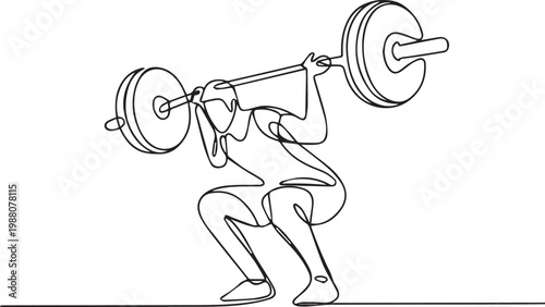 Continuous line drawing of a person doing a squat with a barbell