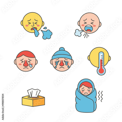 Cold and Flu Symptoms Icons: Coughing, Sneezing, Fever, Sore Throat, Wrapped in Blanket