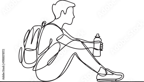 Continuous line drawing of a man sitting with a backpack and water bottle