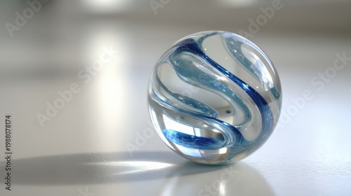 Close up of a colorful marble on a bright surface with reflections and shadows