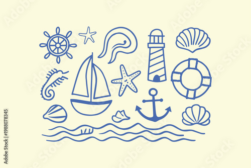 Nautical themed illustration with a lighthouse sailboat anchor ship wheel starfish waves hand drawn nautical maritime sailboat lighthouse starfish seahorse seashell lifebuoy