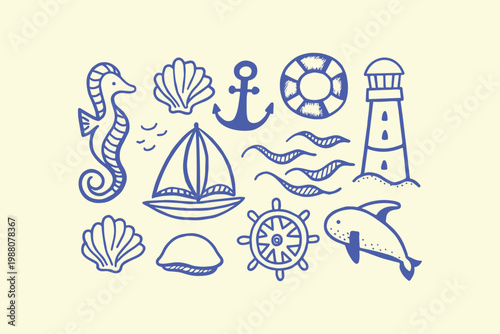 Marine life and nautical elements illustration including a dolphin seahorse sailboat lighthouse anchor ship wheel with hand drawn nautical seahorse sailboat lighthouse seashell