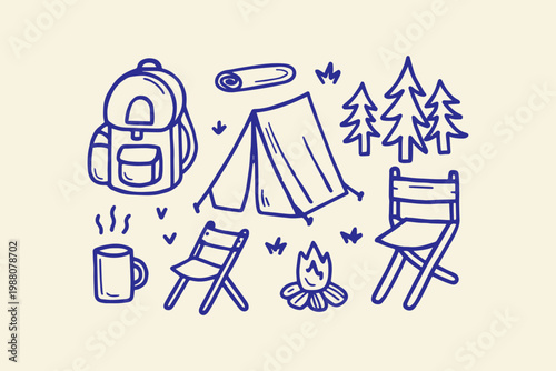 Camping equipment with tent backpack chairs campfire hot drink hand-drawn illustration backpack campfire illustration adventure activity equipment supplies vacation relaxation