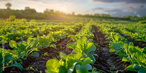 Lush Green Vegetable Field with Rows of Crops at Sunset
