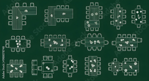 L Shape Dining Table Layout Top View Blueprint Vector Collection – Chairs Pattern Long Table AutoCAD Furniture Multi View Technical Drawing White Outline on Dark Green Background

