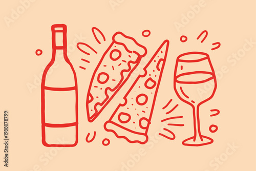 Hand-drawn illustration of pizza slices a bottle of wine a glass of wine dinner party illustration collection celebration appetizer beverage restaurant refreshment minimalist