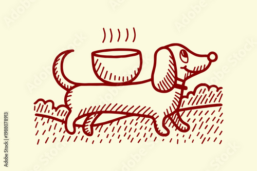 Whimsical drawing of a dachshund with a bowl of steaming soup balanced on its back walking through a grassy field animal lover pet portrait comfort food dachshund illustration