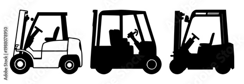 Warehouse forklift icon set with solid black flat design on white background featuring transportation, logistics, machinery with industrial and loading