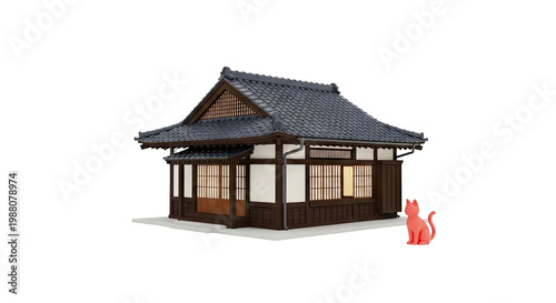Japanese House and Pink Cat Figurine