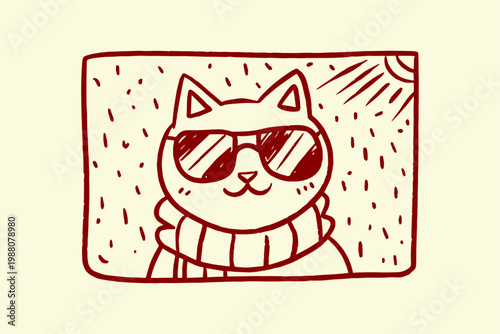 Cute cartoon cat wearing sunglasses and a scarf sun rays and rain drops in the background sunglasses illustration outdoors character whimsical domestic companion creature