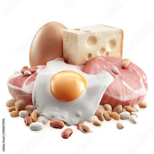 Protein food meat milk egg and bean in 3d png transparent isolated on with white background