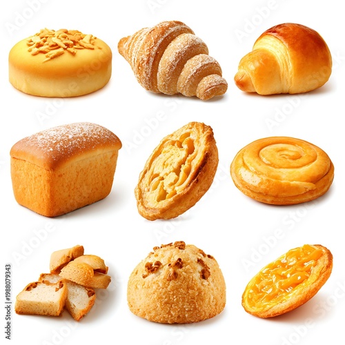 Set collection of different tasty fresh bakery snacks isolated on with white background