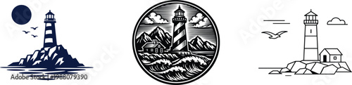 Lighthouse Silhouette and Minimalist Vector Illustration Set with Marine Landscape Elements
