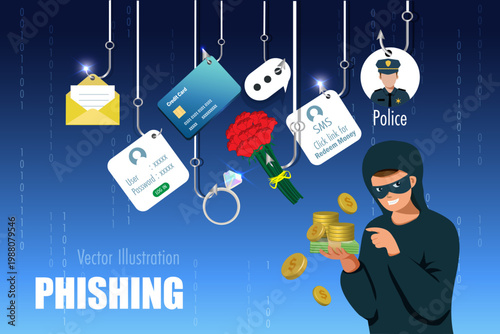 Cyber crime, online phishing scam in digital devices. Scammer with phishing hooks on SMS fraud link, credit card, password hacking, fake police and romance scam. Digital crime concept. Vector.