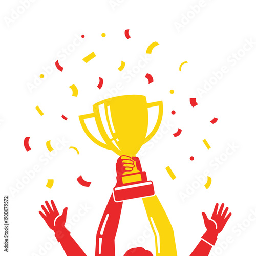 Celebration of Victory: Hands Holding Golden Trophy with Confetti