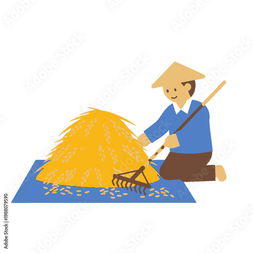 Farmer Harvesting Rice in Traditional Asian Farming Style