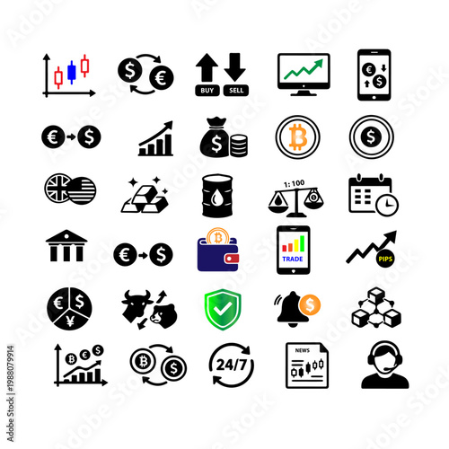 Forex and Crypto Currency Trading Icon Sheet
