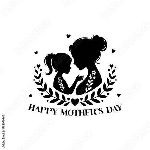 Mother and daughter silhouette with floral wreath for mother's day, Happy mother's day greeting design with hearts and flower branches, Minimalist mom and child profile illustration for holiday cards