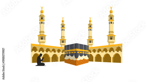 Kaaba in Makkah with mosque minarets and praying man silhouette