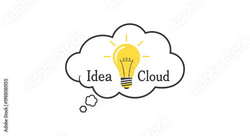 Bright yellow light bulb icon inside a white thought cloud