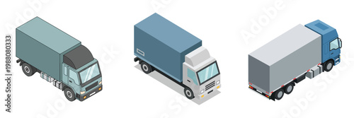 Isometric view of three blue and soft green delivery trucks on a white background, perfect for logistics and transportation concepts