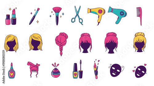 Beauty Icons Set: A vibrant collection of beauty and grooming icons. Includes lipstick, nail polish, mascara, brush, hair dryer, comb, scissors, various hairstyles and more. perfect for design