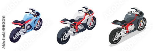 Isometric flat-style vector pack of a streamlined sports bike, low-detail design, white background, without outlines.