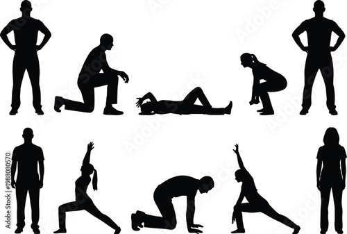 Silhouettes of people in various poses including standing, kneeling, stretching, yoga, and lying down on floor for fitness and health,