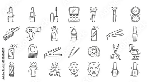 Cosmetic tools and accessories: A comprehensive collection of beauty and grooming essentials, meticulously illustrated to represent the tools of the trade.