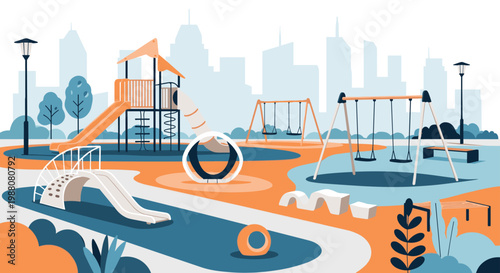 Colorful city playground featuring slides, swings, and climbing structures is set against a backdrop of urban skyscrapers in a flat design.