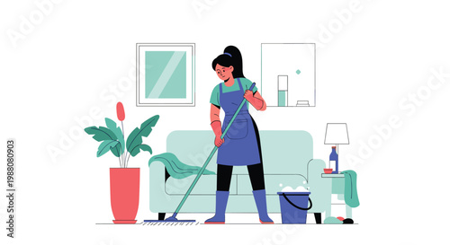 Diligent woman wearing an apron and gloves mops the living room floor with a bucket of soapy water to maintain a clean home environment.