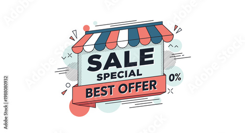 Vibrant sale banner graphic features a striped storefront awning and a bold best offer message to attract customers for shopping events.
