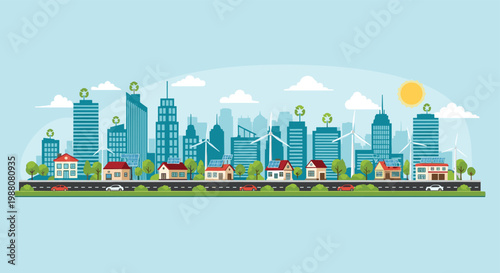 Eco friendly city landscape integrates wind turbines and solar panels with residential houses and office buildings for sustainable living.