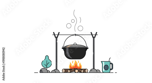 Traditional campfire setup with a black cooking pot hanging over a burning flame is used for camping and outdoor adventure concepts.