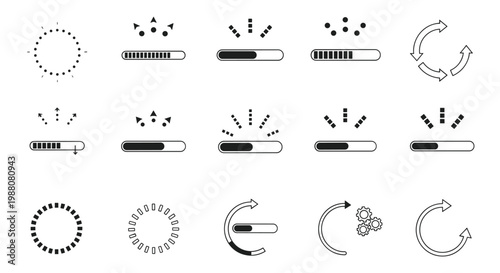 Comprehensive set of black and white loading icons, progress bars, and buffering symbols is designed for user interface and web design.