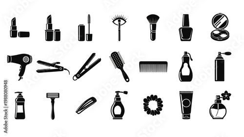 Beauty Essentials Collection: An elegant arrangement of beauty tools and cosmetics. From lipstick to hairspray, this illustration captures the essential components for a flawless look. 